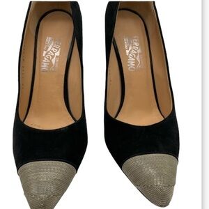 Ferragamo Suede with Silver Chain Toe Pumps